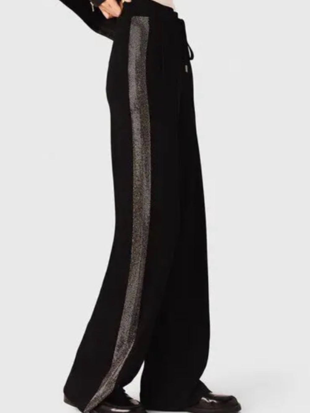 Black Wide-Leg Pants with rhinestone Side Stripe